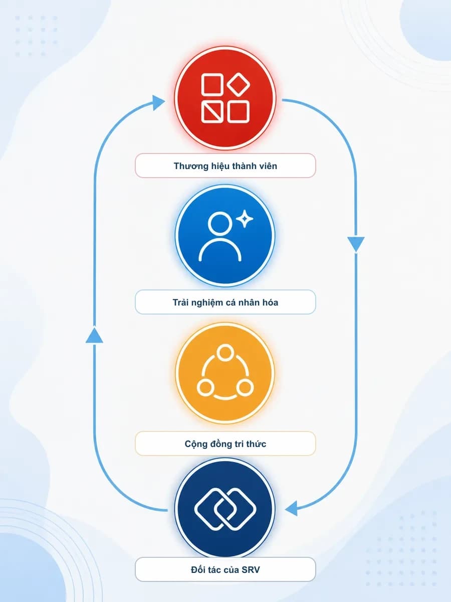 Mô hình B2B2C: Thương hiệu thành viên, Trải nghiệm cá nhân hóa, Cộng đồng tri thức và Đối tác của SRV cùng tạo thành vòng giá trị khép kín